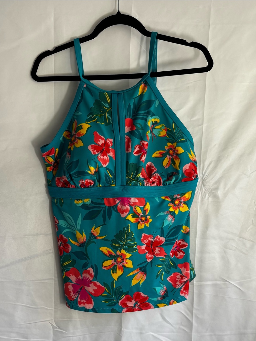 Kids Floral Tankini swimsuit Top - Teal with Red & Yellow Flowers